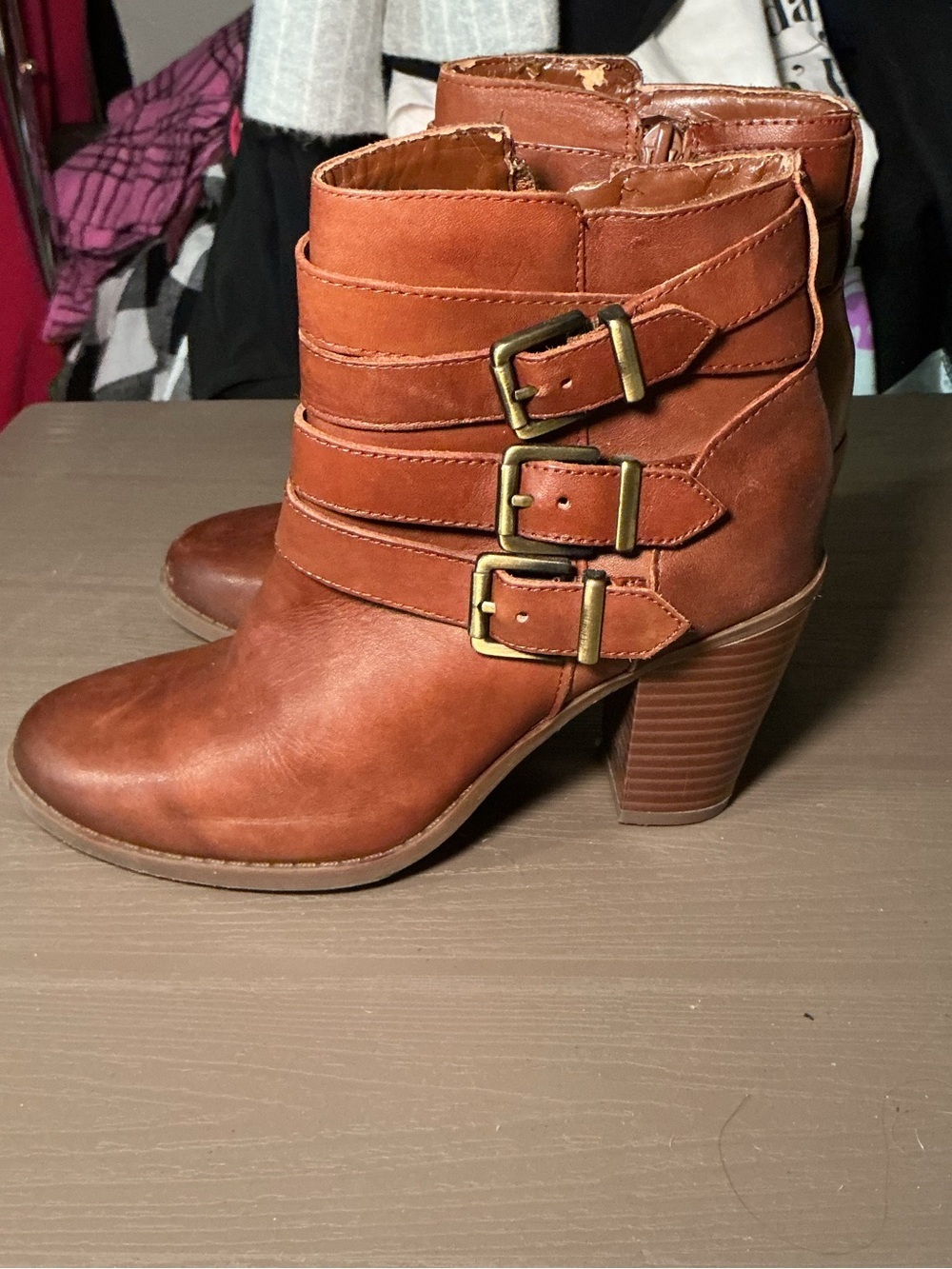 Women's Brown Buckle Strap Ankle Boots - Classic Heeled Booties - Picture 3 of 9
